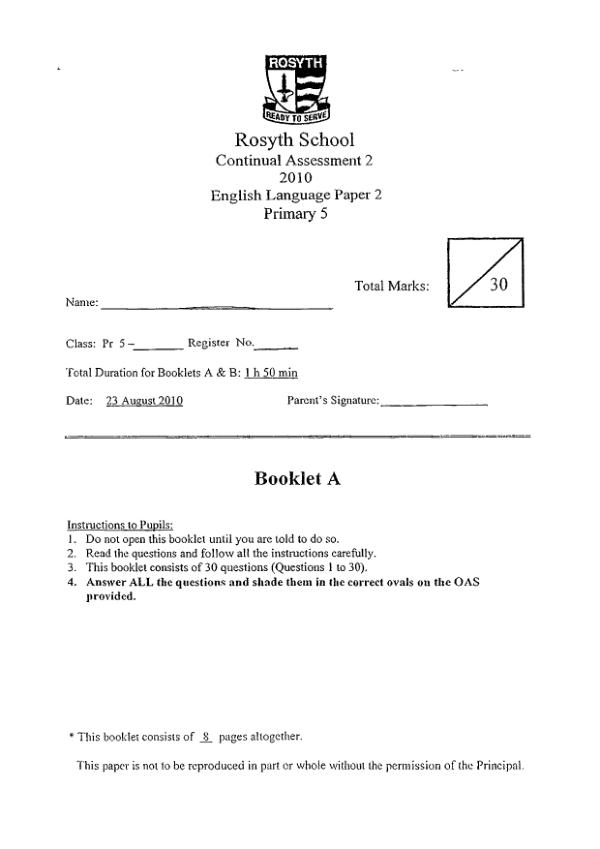 Rosyth P5 Eng WA3 2010 exam paper PDF preview