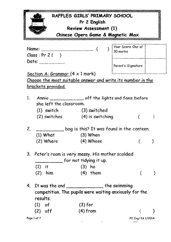 Raffles Girls P2 Eng WA2 2014 exam paper PDF first page preview