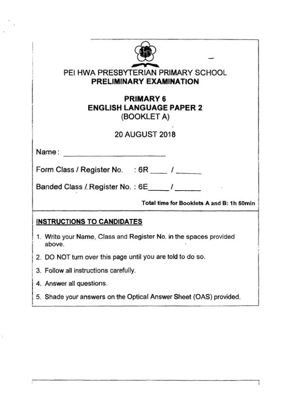 Pei Hwa P6 Eng SA2 2018 exam paper PDF first page preview