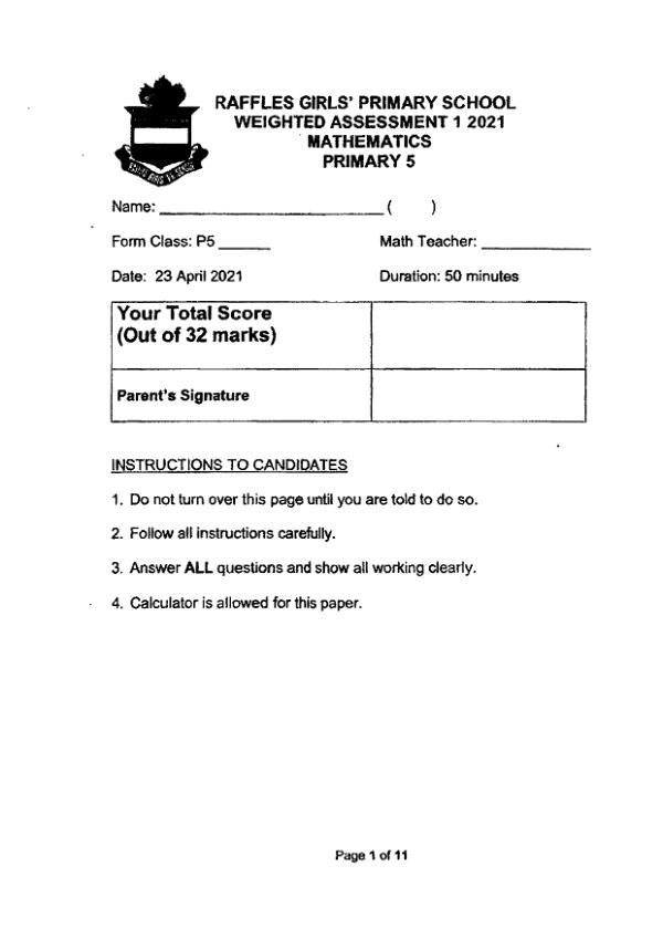 First page preview of P5 Math 2021 WA1 — Raffles Girls