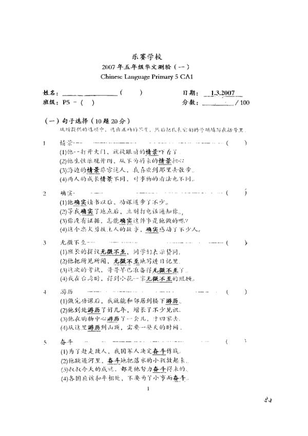 Rosyth P5 Chi WA1 2007 exam paper PDF preview