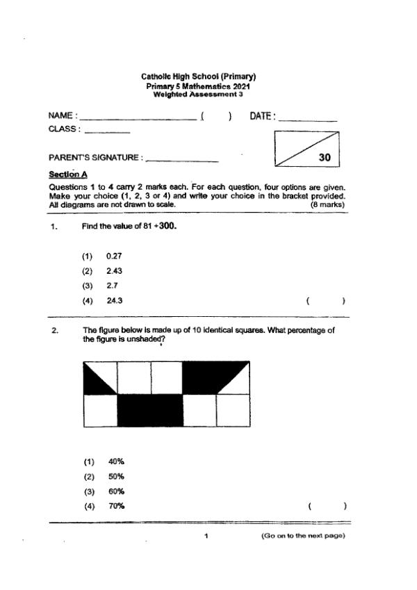 First page preview of P5 Math 2021 WA3 — Catholic High