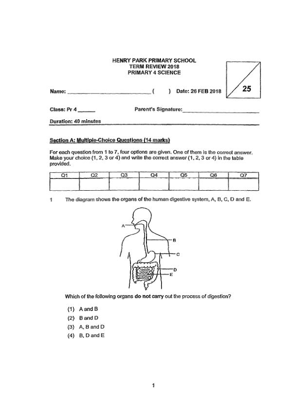 Henry Park P4 Sci WA1 2018 exam paper PDF first page preview