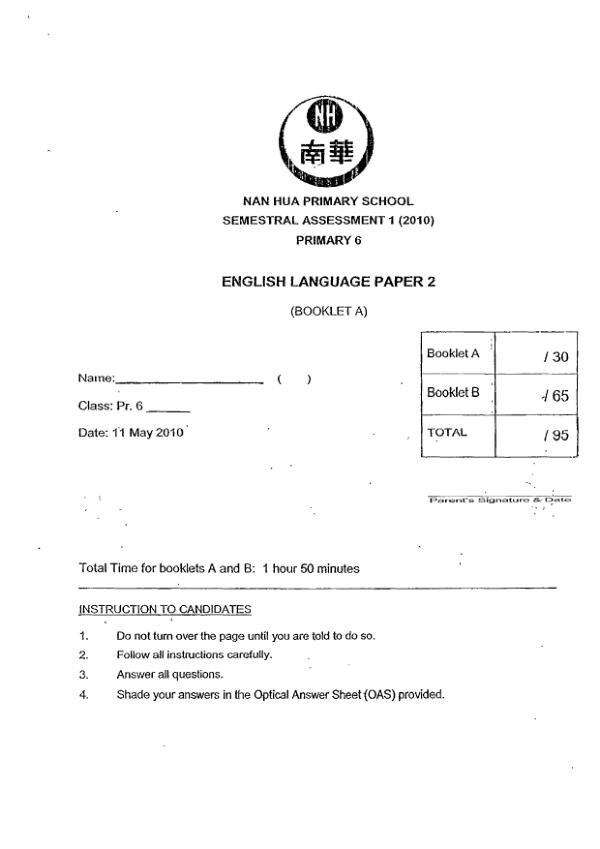 Nan Hua P6 Eng WA2 2010 exam paper PDF first page preview
