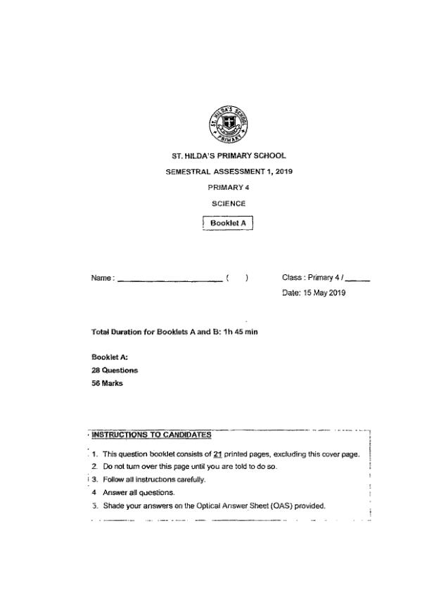 St Hildas P4 Sci WA2 2019 exam paper PDF first page preview