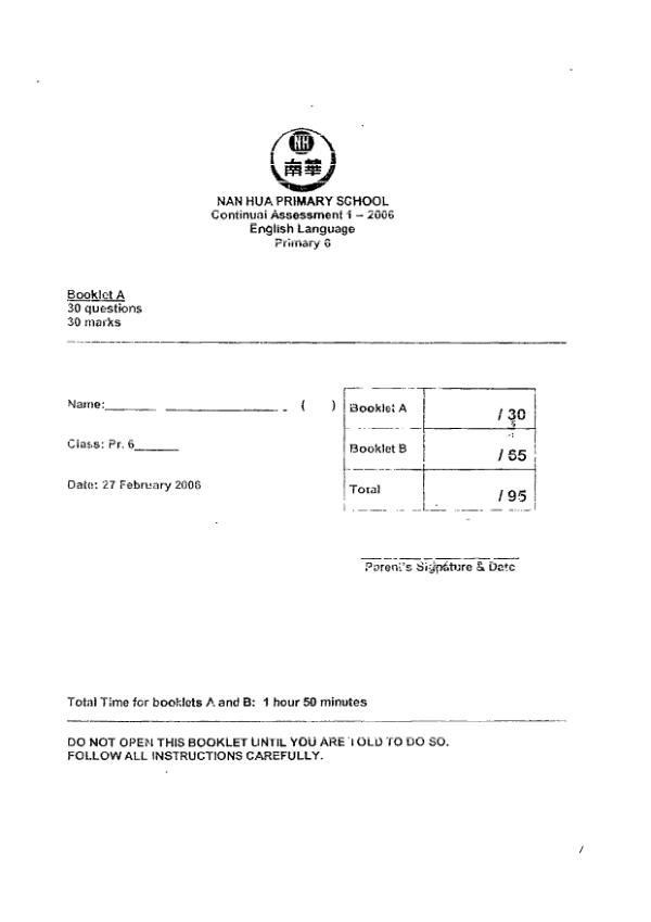 Nan Hua P6 Eng WA1 2006 exam paper PDF preview