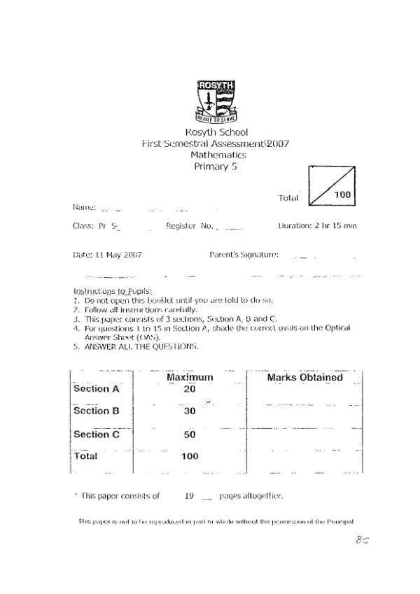 Rosyth P5 Math WA2 2007 exam paper PDF preview