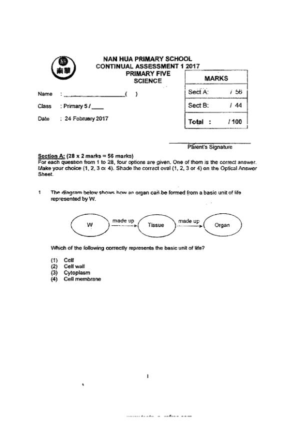 Nan Hua P5 Sci WA1 2017 exam paper PDF preview