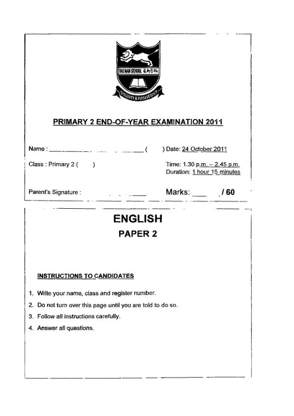 Tao Nan P2 Eng SA2 2011 exam paper PDF preview