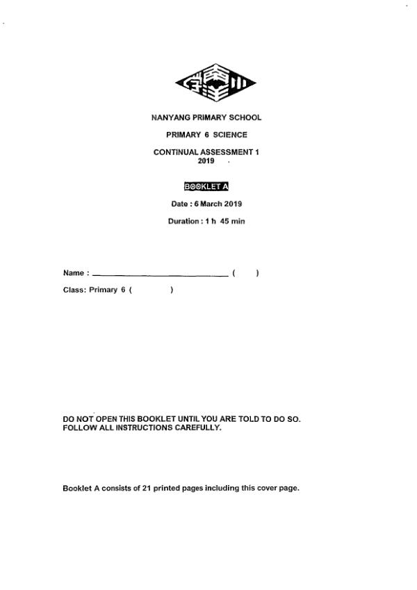 Nanyang P6 Sci WA1 2019 exam paper PDF first page preview