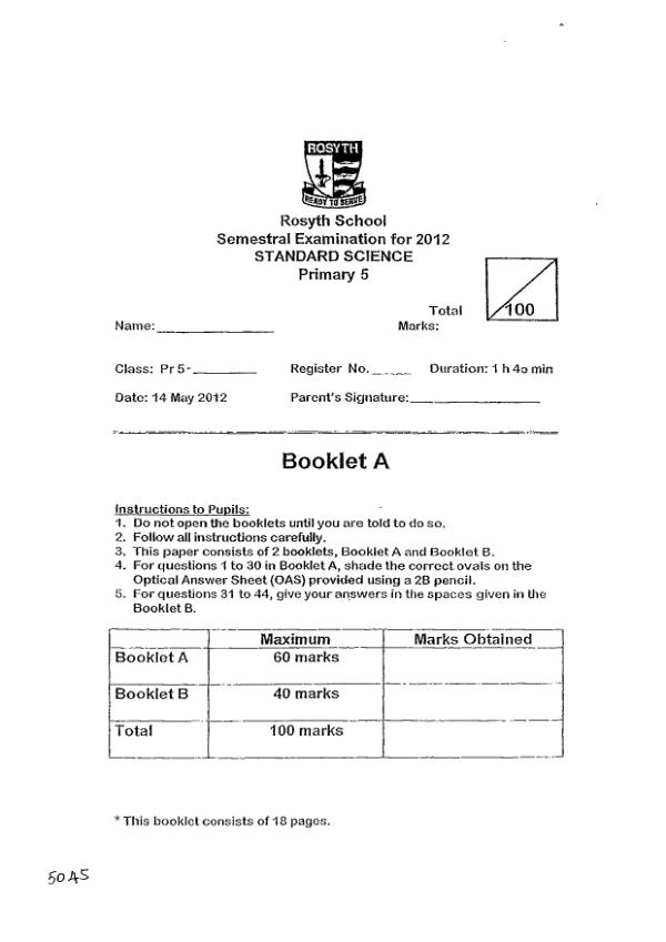 Rosyth P5 Sci SA2 2012 exam paper PDF preview