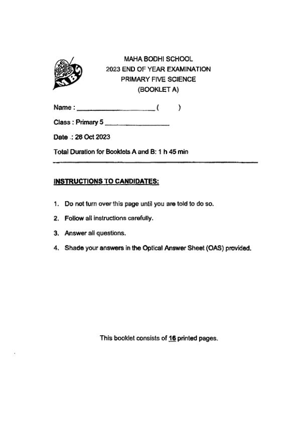 Maha Bodhi P5 Sci SA2 2023 exam paper PDF preview