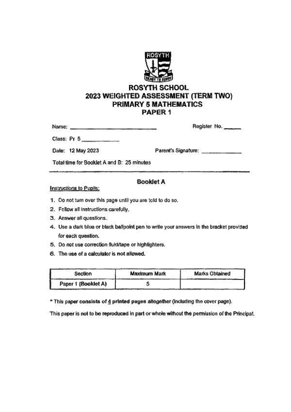 First page preview of P5 Math 2023 WA2 — Rosyth