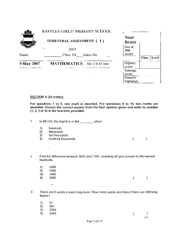 Raffles Girls P4 Math WA2 2007 exam paper PDF preview
