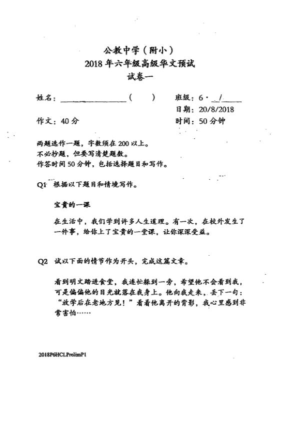 Catholic High P6 Chi SA2 2018 exam paper PDF preview
