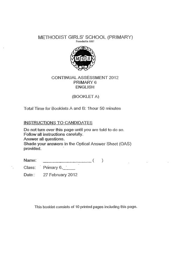 Methodist Girls P6 Eng WA1 2012 exam paper PDF first page preview