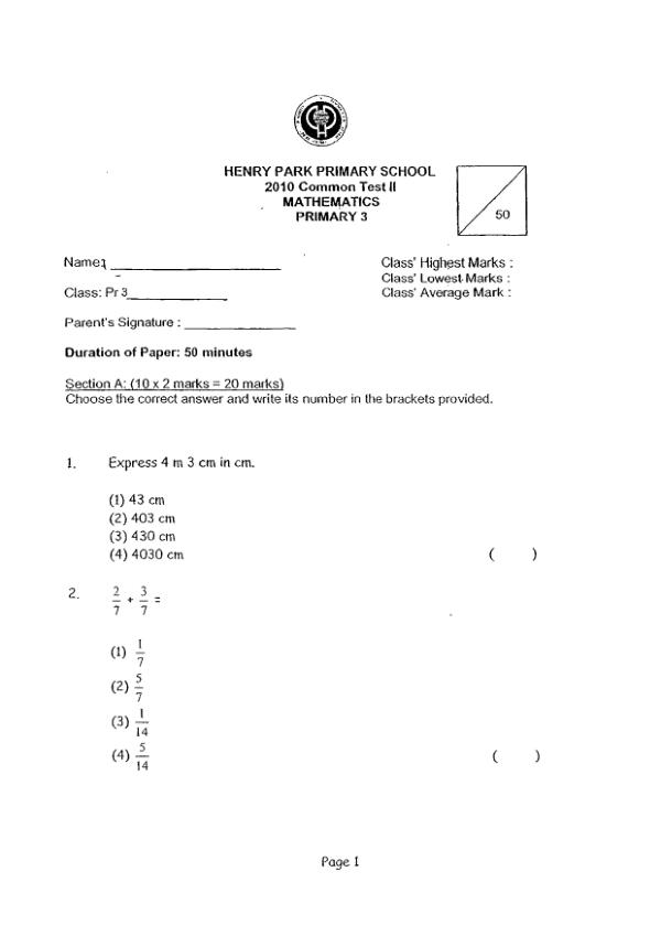 Henry Park P3 Math WA3 2010 exam paper PDF first page preview