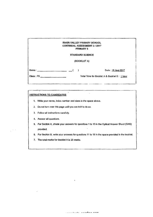 River Valley P5 Sci WA3 2017 exam paper PDF first page preview