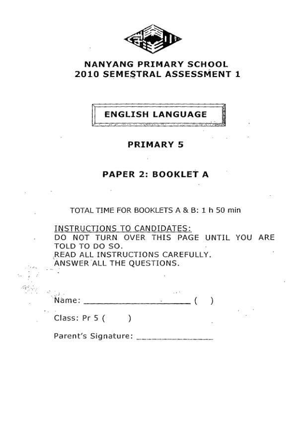 Nanyang P5 Eng WA2 2010 exam paper PDF first page preview