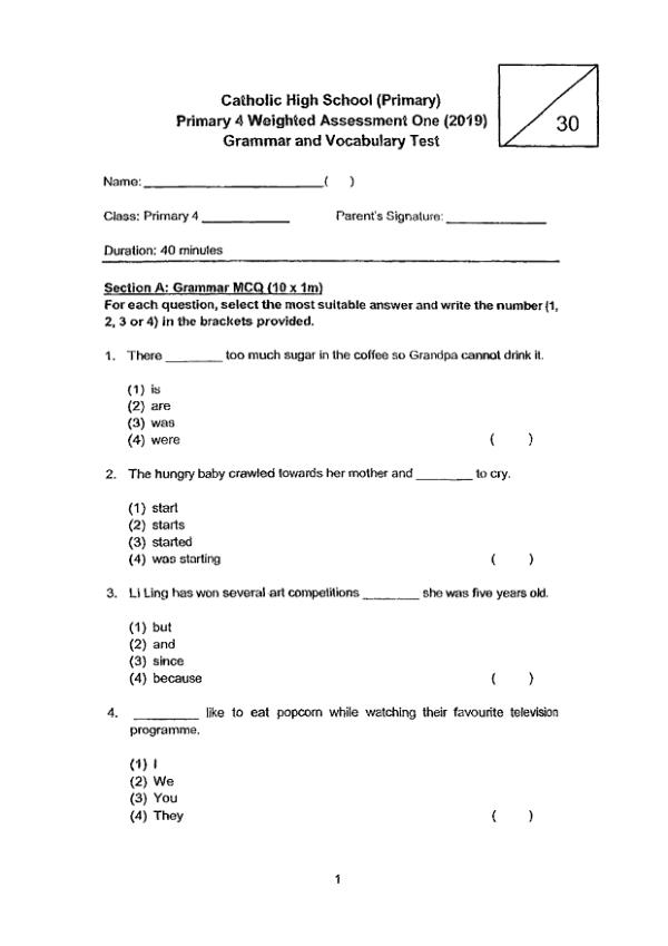 Catholic High P4 Eng WA1 2019 exam paper PDF preview
