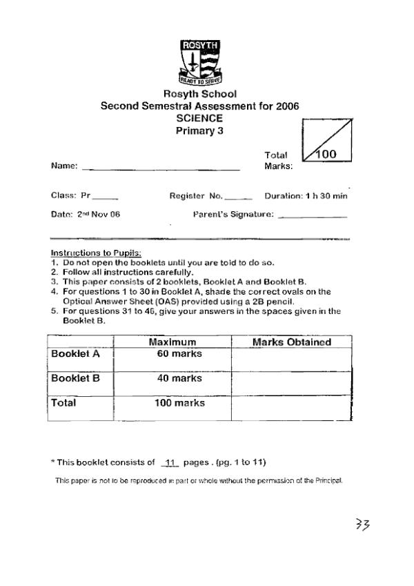 Rosyth P3 Sci SA2 2006 exam paper PDF preview
