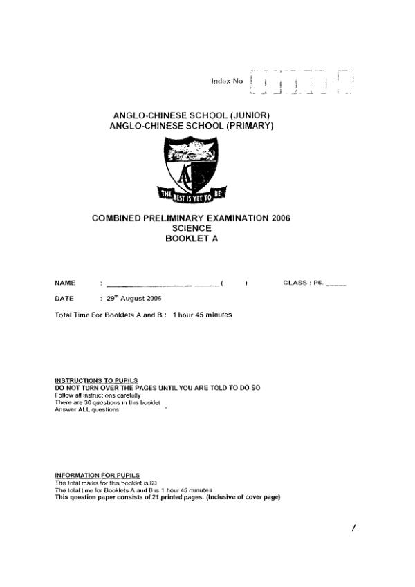 Anglo Chinese P6 Sci SA2 2006 exam paper PDF first page preview