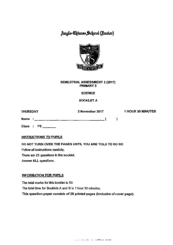 Anglo Chinese P5 Sci SA2 2017 exam paper PDF first page preview