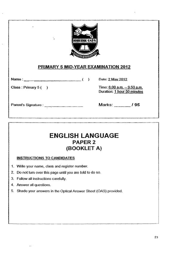 Tao Nan P5 Eng WA2 2012 exam paper PDF preview