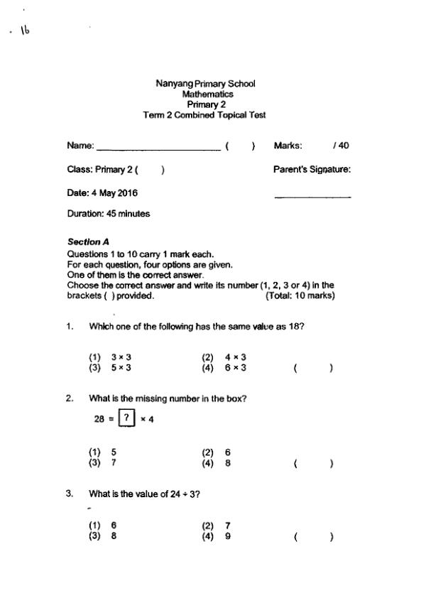 First page preview of P2 Math 2016 WA2 — Nanyang
