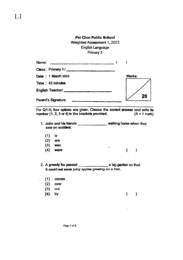 Pei Chun P3 Eng WA1 2023 exam paper PDF first page preview