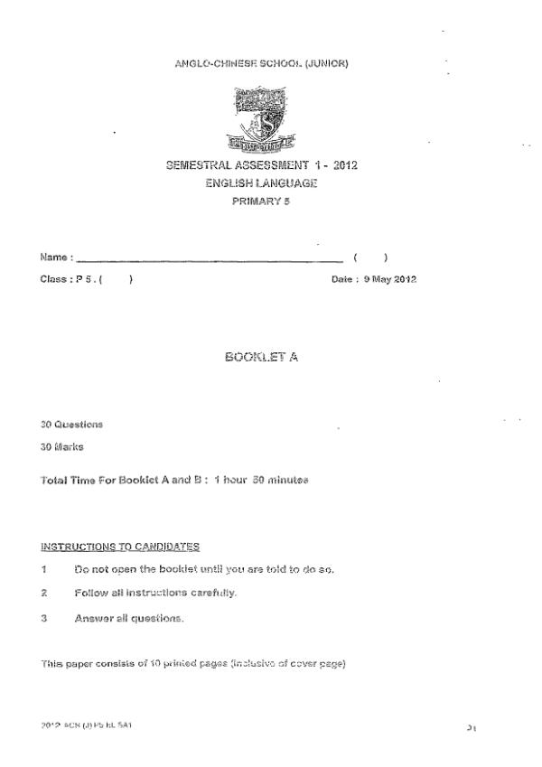 Anglo Chinese P5 Eng WA2 2012 exam paper PDF preview