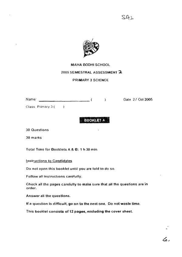 Maha Bodhi P3 Sci SA2 2005 exam paper PDF preview