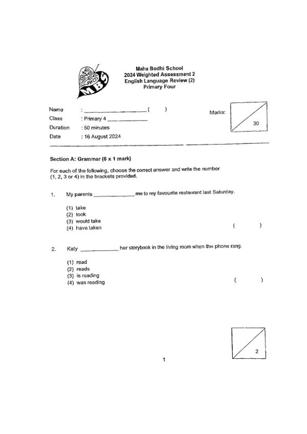 First page preview of P4 Eng 2024 WA2 — Maha Bodhi