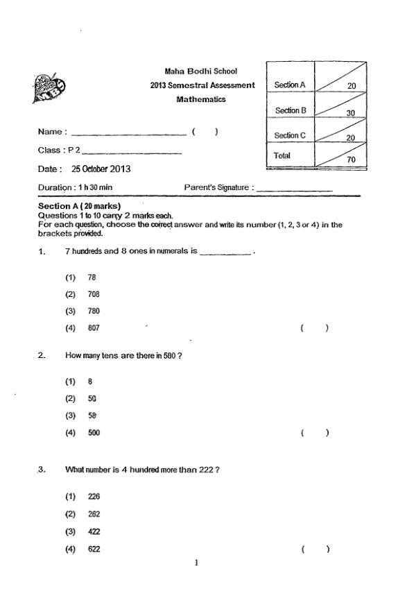 Maha Bodhi P2 Math SA2 2013 exam paper PDF preview
