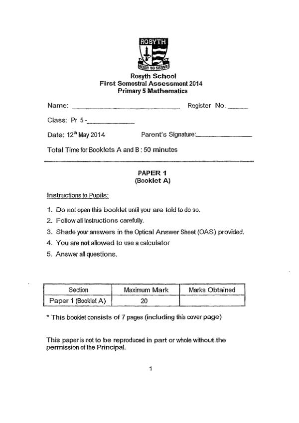 Rosyth P5 Math WA2 2014 exam paper PDF preview