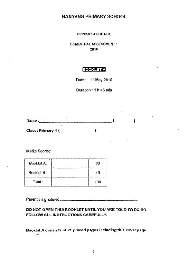 Nanyang P4 Sci WA2 2010 exam paper PDF preview