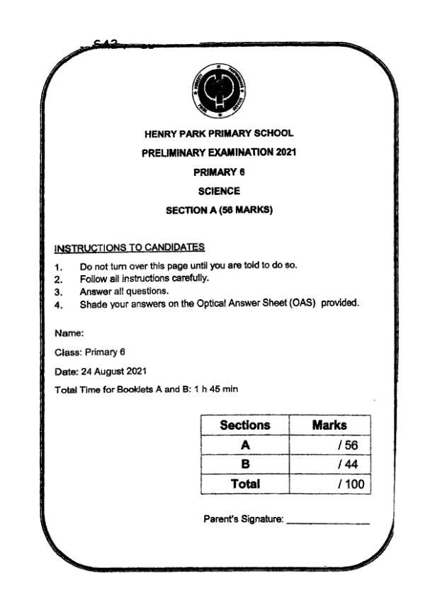 Henry Park P6 Sci SA2 2021 exam paper PDF preview