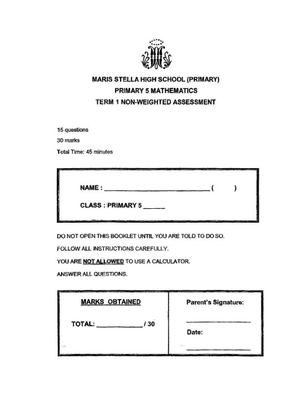 First page preview of P5 Math 2023 WA1 — Maris Stella High