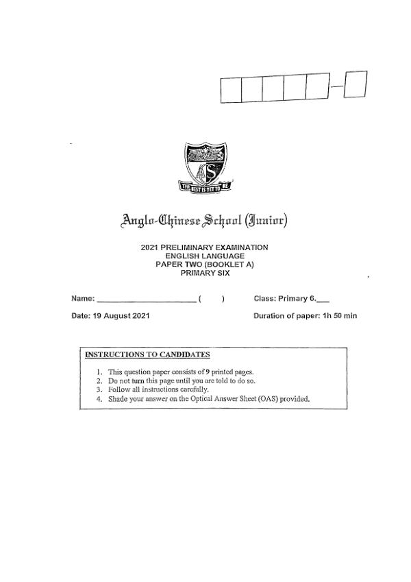 Anglo Chinese P6 Eng SA2 2021 exam paper PDF first page preview