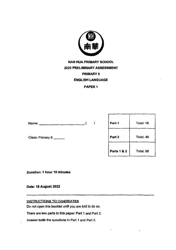 Nan Hua P6 Eng SA2 2022 exam paper PDF preview