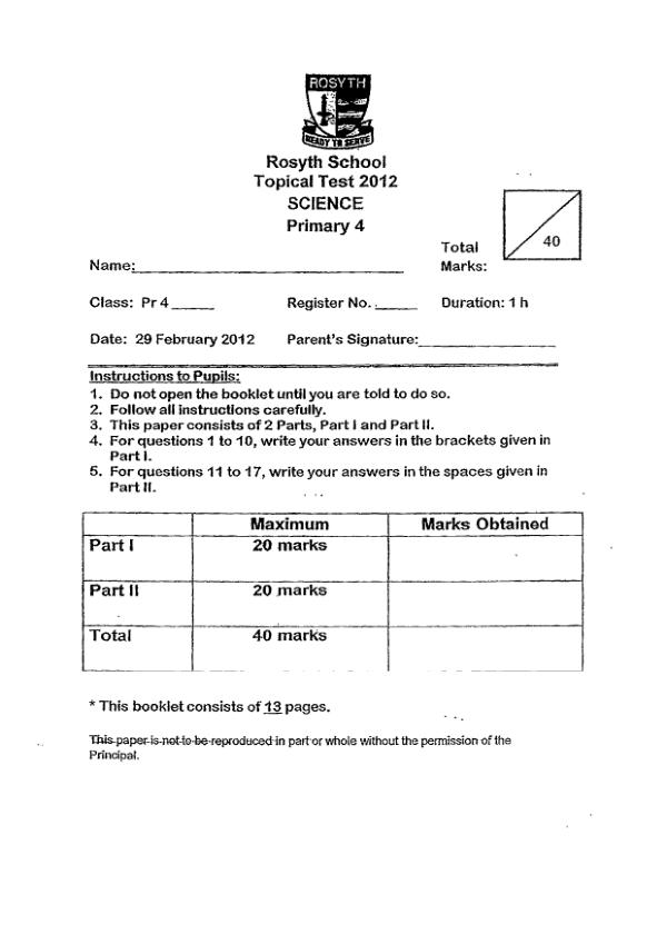 Rosyth P4 Sci WA1 2012 exam paper PDF preview
