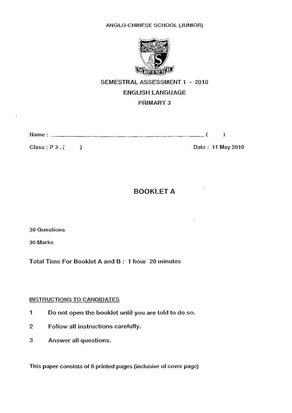 Anglo Chinese P3 Eng WA2 2010 exam paper PDF first page preview