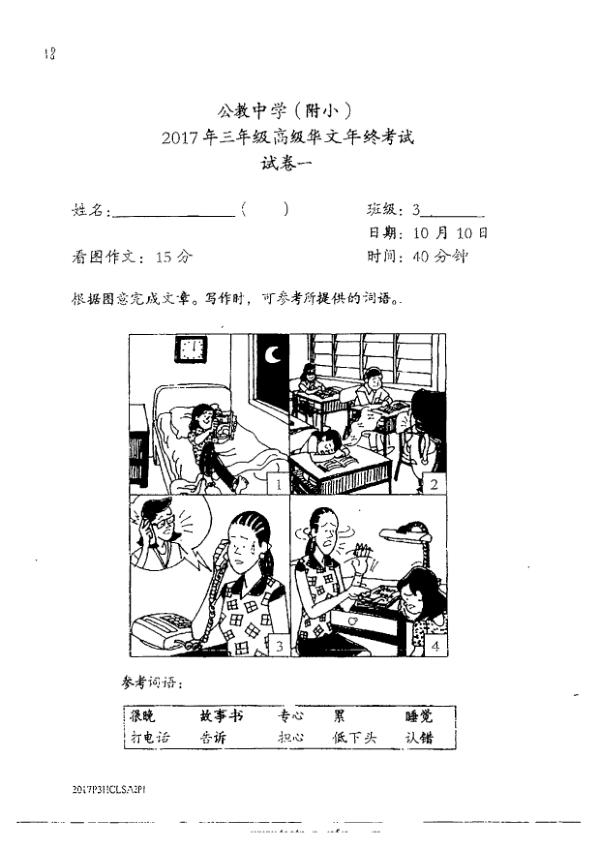 Catholic High P3 Chi SA2 2017 exam paper PDF first page preview