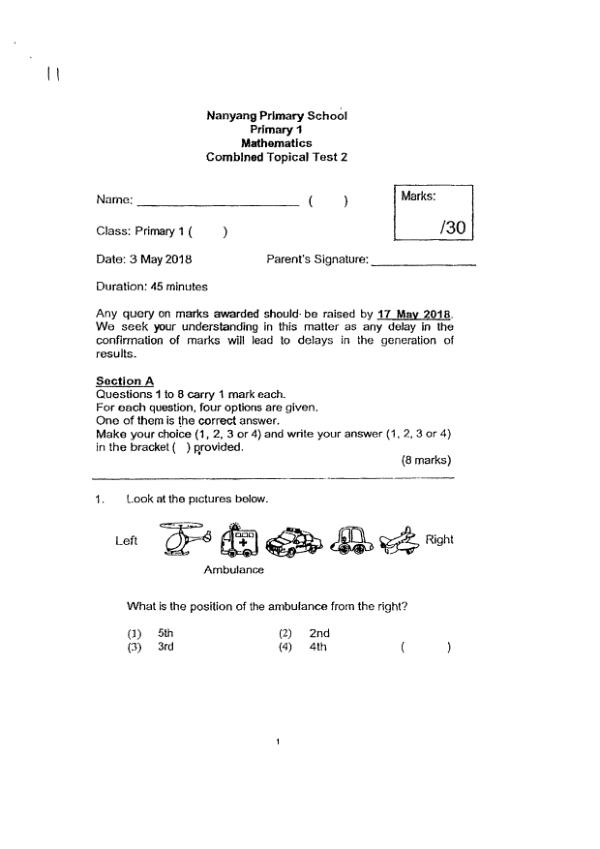 First page preview of P1 Math 2018 SA2 — Nanyang