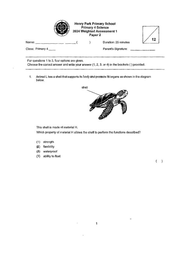 First page preview of P4 Sci 2024 WA1 — Henry Park