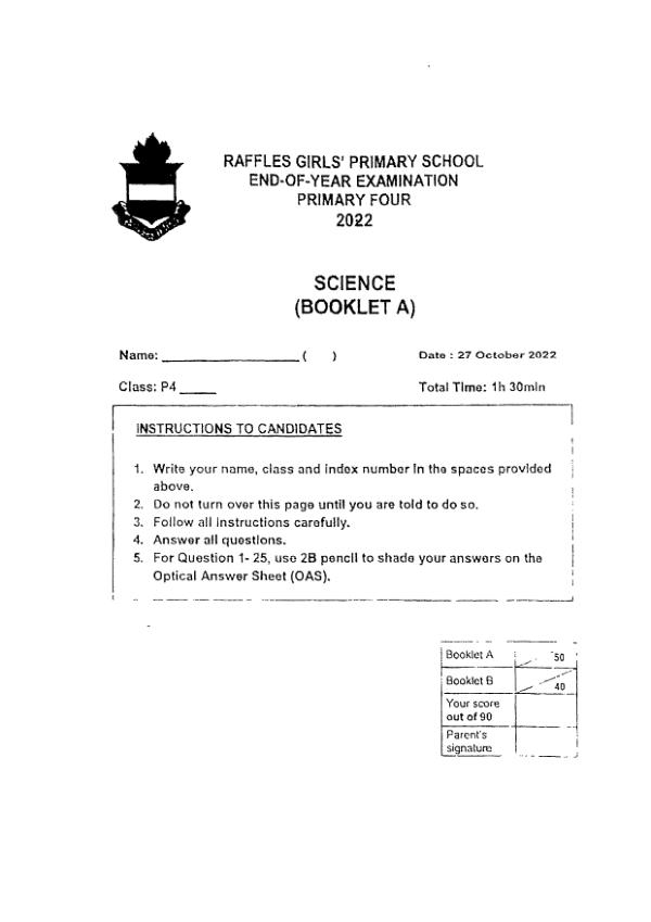 Raffles Girls P4 Sci SA2 2022 exam paper PDF preview