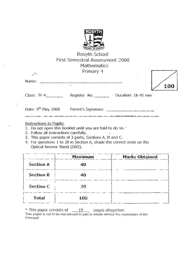 Rosyth P4 Math WA2 2008 exam paper PDF preview