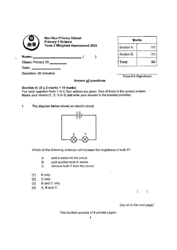 Nan Hua P5 Sci WA3 2022 exam paper PDF preview