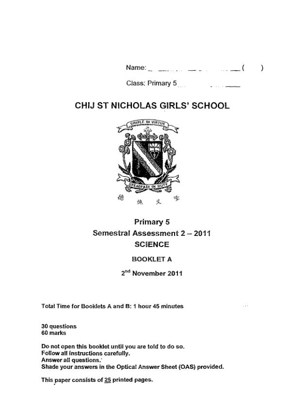 CHIJ P5 Sci SA2 2011 exam paper PDF preview