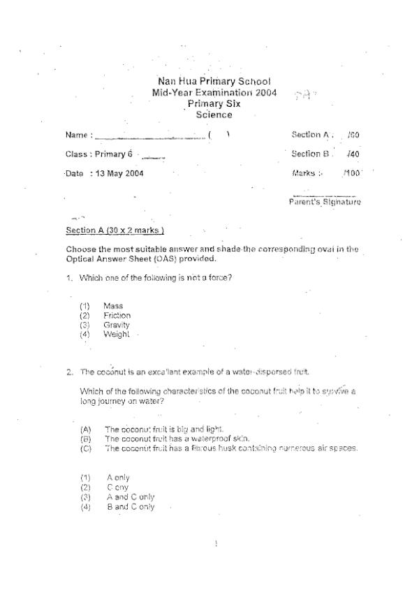 Nan Hua P6 Sci WA2 2004 exam paper PDF preview